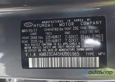 2017 Hyundai Tucson Se from USA, damaged, VIN KM8J3CA45HU501965